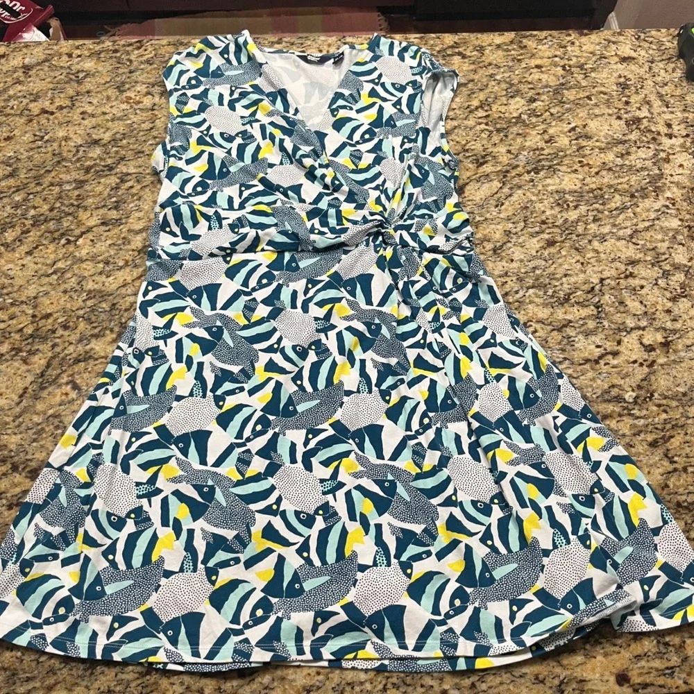 Lands End Womens XL 18 Petite Faux Wrap Dressl ish Print Sleeveless V-Neck
